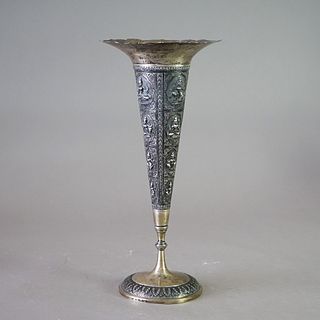 Antique Tibetan 800 Silver Figural Embossed Shiva Tall Vase with Fluted Rim 19th C