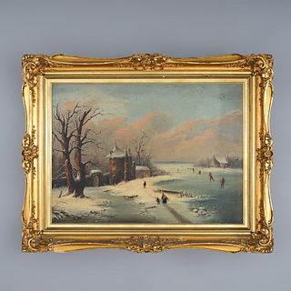 Antique Oil Painting Winter Landscape with Ice Skaters in Giltwood Frame c1890