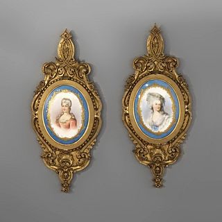 Antique Pair French Sevres Porcelain Portrait Plaques, Marie Antoinette, 19thC