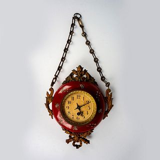 19th Century French Chain Hanging Red Enamel Wall Clock