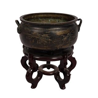 Antique Large Bronze Japanese Motif Cauldron with Base