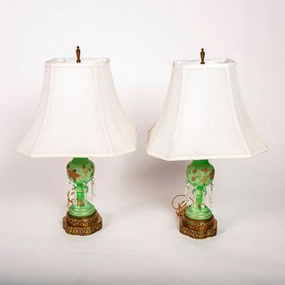 Pair of Vintage Glass Table Lamps with Crystal Prisms