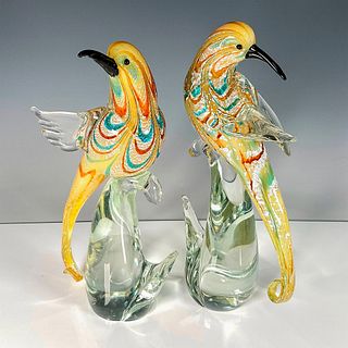 2pc Murano Art Glass Birds Gold & Silver, Blue, and Brown