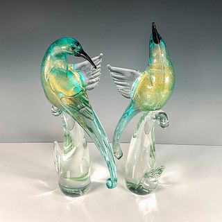 2pc Murano Art Glass Birds, Blue & Gold