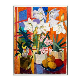 Jean Lamouroux, Original Oil on Canvas, Lilies and Orchids