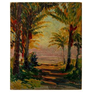 Oil on Board, Mediterranean Sea with Palm Trees, Signed