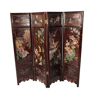 Japanese Carved Wooden Folded Screen