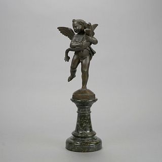 Antique Bronze Cupid & Dolphin Statue on Marble Plinth 19th C