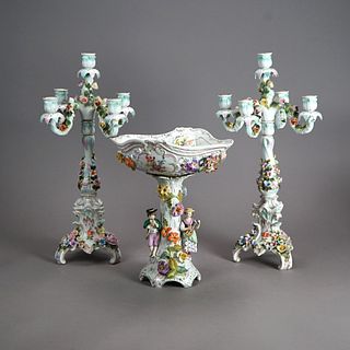 Antique Set of Figural Dresden Porcelain, Compote & Pair Candelabra, c1890