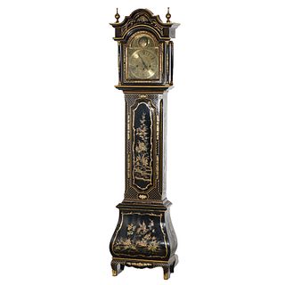 German Chinoiserie Gilt Decorated Black Lacquer Petite Tall Case Clock 20th C