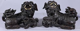 Pair of Wood Carved Chinese Foo Lions