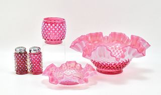 COLLECTION OF CRANBERRY OPALESCENT HOBNAIL FENTON GLASS