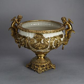 Oversized Neoclassical Gilt Bronze & Porcelain Rococo Figural Urn 20th C