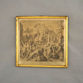 Antique Early Engraving of Classical Scene in Giltwood Frame, Dated 1842