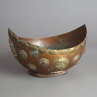 Antique Tibetan Style Jeweled Mixed Metal Copper & Brass Ceremonial Bowl, 19thC