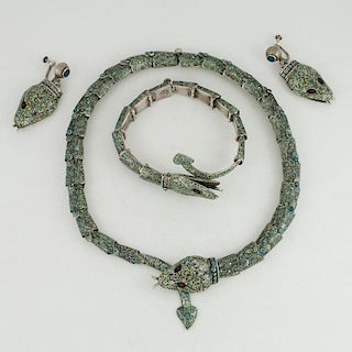 Mexican Enameled Sterling Silver Snake Necklace, Bracelet and Earrings