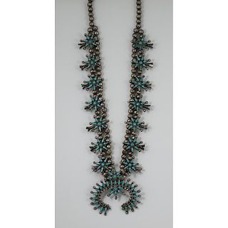 Navajo Silver and Small Turquoise Cluster Squash Blossom