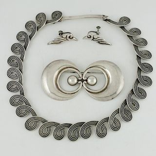Los Castillo (Mexican, founded 1939) Silver Necklace, Earrings and Brooch
