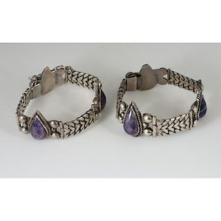 Mexican Silver Link Bracelets with Amethyst Links