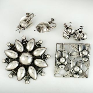 Mexican Silver Floral Design Brooches and Earrings