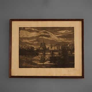 Antique French Cityscape Etching Signed Jean Charles Millet Circa 1920