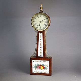 Antique Waterbury Mahogany Banjo Clock with Eglomise Panel Circa 1830