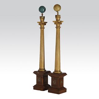 Pair Masons Classical Giltwood Columns with Globes by Henderson-Ames Circa 1900