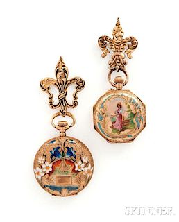 Two 14kt Gold and Enamel Lady's Brooch Watches