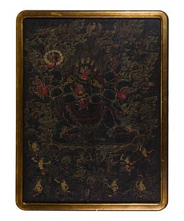 Himalayan Mahakala - Chaturbhuja Thangka Linen Painting