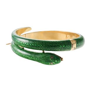Italian 18k Gold Diamond Enamel Snake Bangle Bracelet