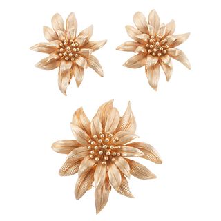 Cartier Vintage 14k Gold Flower Earrings Brooch Set