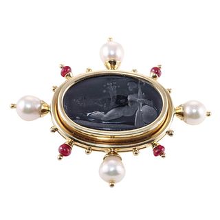 Elizabeth Locke 18k Gold Venetian Glass Intaglio Ruby Pearl Brooch 