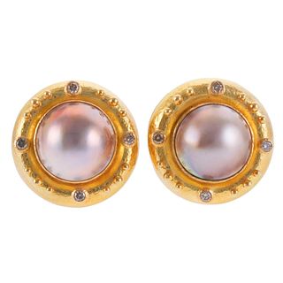 Elizabeth Locke 18k Gold Pearl Fancy Diamond Earrings