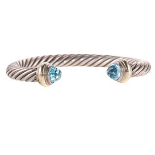 David Yurman Silver 14k Gold Blue Topaz Cable Bracelet