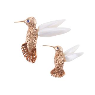 William Ruser Pearl Sapphire Hummingbird Gold Brooch Set