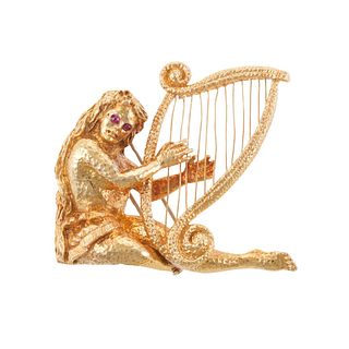 David Webb 18k Gold Ruby Harpist Lady with Harp Brooch 