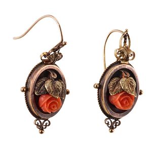 Antique Victorian 14k Gold Carved Coral Rose Flower Earrings