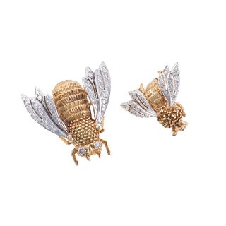 14k Gold Diamond Bee Insect Brooch Pin Set