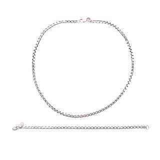 Tiffany & Co Silver Box Chain Necklace Bracelet Set