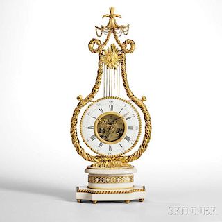 French Ormolu-mounted and White Marble Lyre Mantel Clock