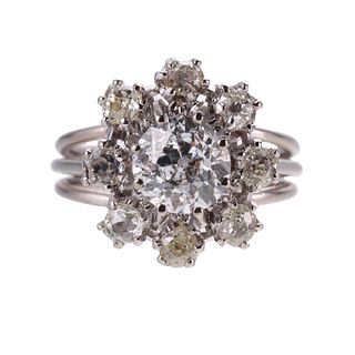 Mid Century French GIA 1.52ct Old European Cut Diamond Gold Cluster Ring