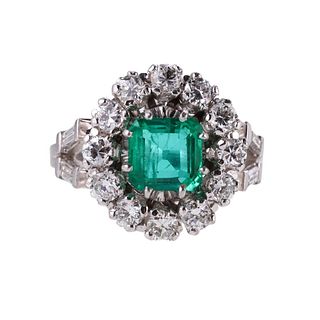 1950s French GIA 0.80ct Colombian Emerald Diamond Gold Ring