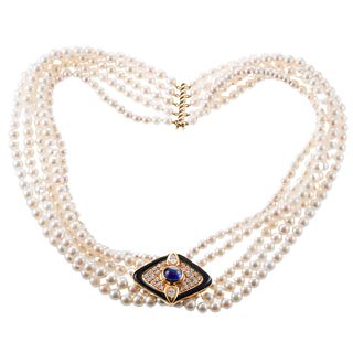 18k Gold Diamond Sapphire Enamel Pearl Multi Strand Necklace