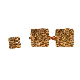 1970s 18k Gold Textured Finish Cufflinks Tie Pin Set