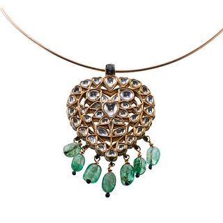 Indian Rose Diamond Enamel Gold Pendant Necklace