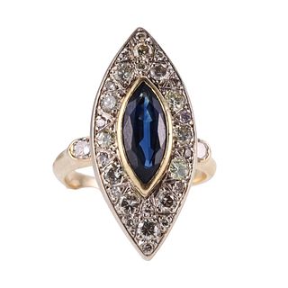 1960s French Gold Diamond Sapphire Navette Ring
