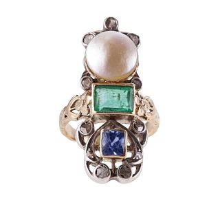 Arts & Crafts Gold Silver Rose Cut Diamond Multi Gemstone Ring