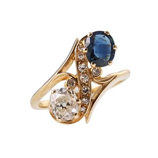 Belle Epoque French Diamond Sapphire Gold Toi et Moi Ring