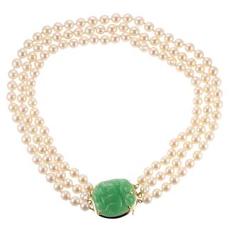 14k Gold Carved Jade Pearl 3 Strand Necklace