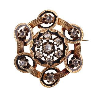 Antique French Rose Cut Diamond Enamel Gold Brooch Pin